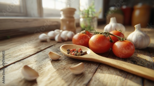 Sunlit rustic kitchen table with tomatoes, garlic, and peppercorns.