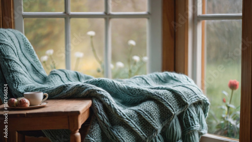 Knitted Blanket on Armchair by Window Overlooking Garden, With Coffee on Table