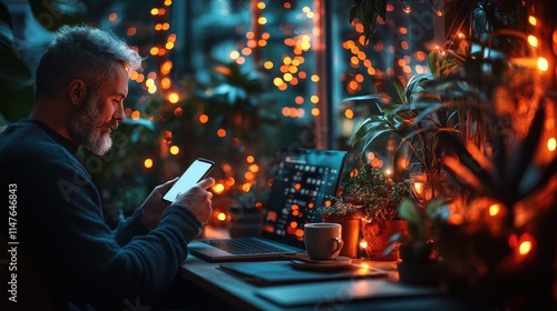 Mature man using phone at night, laptop, plants, cozy cafe.