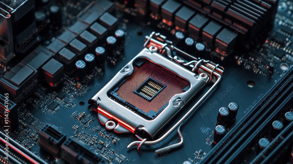 Fototapeta premium Computer motherboard showcasing central processing unit socket
