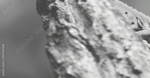 Close-up monochrome shot of a lizard partially hidden behind tree bark. photo