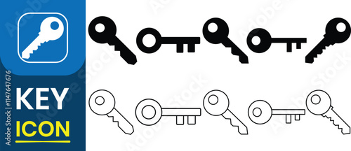 Key icon vector set. Lock or unlock sign. Password icon. Private access sign, safety, symbol. Door silhouette security Privacy.  Set of different types house keys icon. Vector illustration.