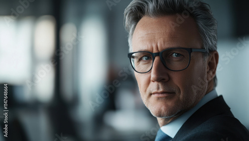 A focused man wearing glasses looks thoughtfully in a modern office setting, showcasing a calm demeanor against a blurred background of workstations.