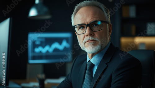 A business professional with glasses and a beard sits at a desk, analyzing data charts on a computer screen while illuminated by soft office lighting in the evening.