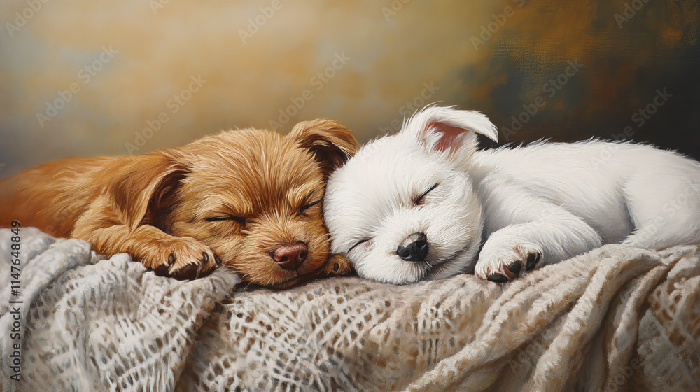 Two dogs are sleeping peacefully on blanket, one brown and one white Two dogs are sleeping peacefully on blanket, one brown and one white