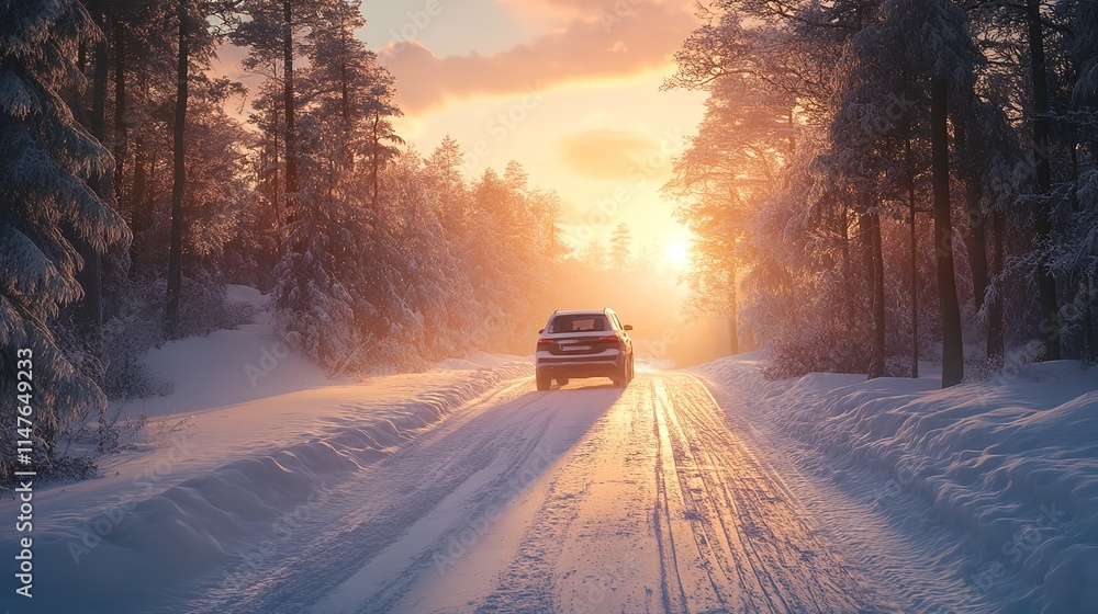 Closeup of a car driving on a snowy road at sunset Closeup of a car driving on a snowy road at sunset