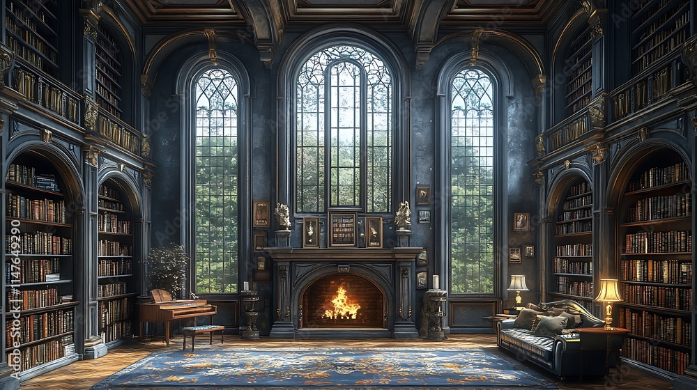 Fototapeta premium Grand Library Interior, Elegant Reading Room. Concept of knowledge, history, and luxury.