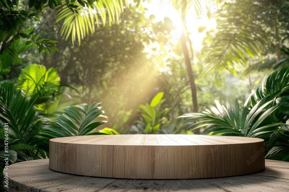 table top wood podium counter in tropical outdoor nature garden forest jungle green plant with golden sunlight background. healthy natural product placement promotion display.spring or summer scene. table top wood podium counter in tropical outdoor nature garden forest jungle green plant with golden sunlight background. healthy natural product placement promotion display.spring or summer scene.