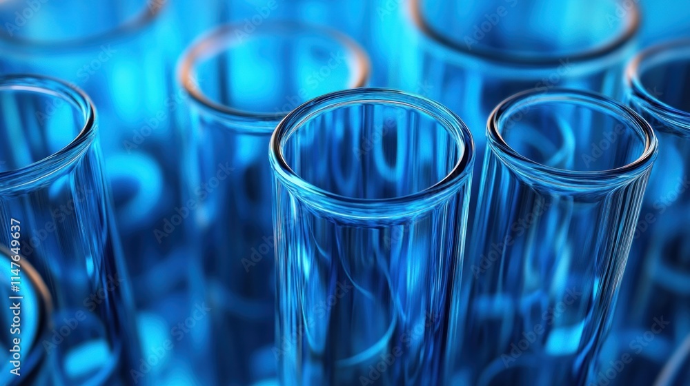 Close-up of multiple empty, clear glass test tubes in a blue-lit laboratory setting. Close-up of multiple empty, clear glass test tubes in a blue-lit laboratory setting.