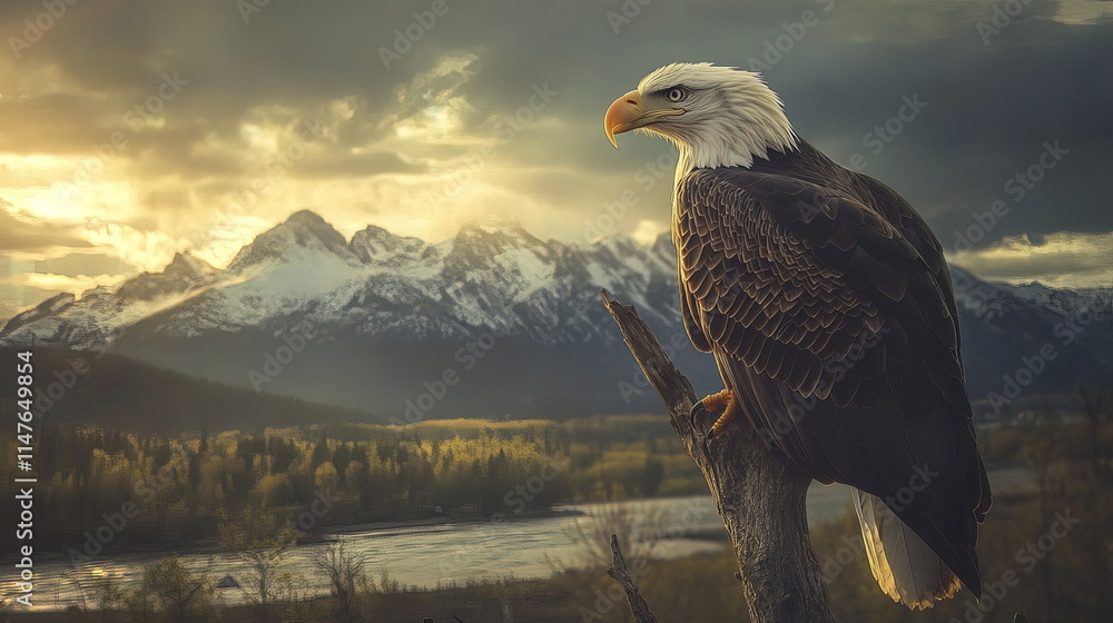 Fototapeta premium Majestic bald eagle perched on branch overlooking mountains and river