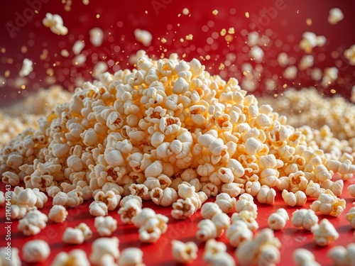 Popped corn scattered on a vibrant red surface creates a playful and inviting atmosphere