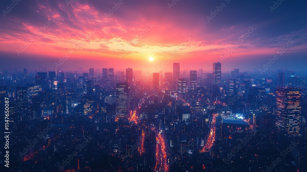 Obraz premium City skyline sunset, vibrant colors, nighttime lights.