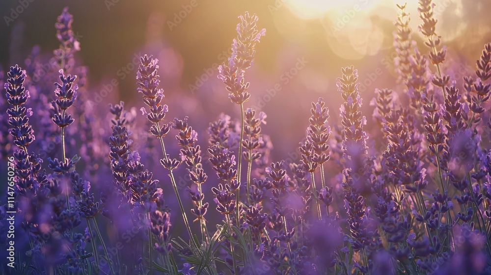 Naklejka premium A picturesque lavender field features endless rows of aromatic purple blooms swaying softly in the wind, ideal for nature lovers and photographers.