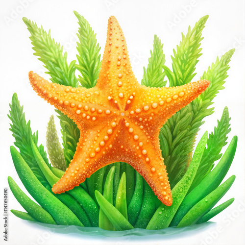 Vibrant orange starfish on aquatic backdrop photo