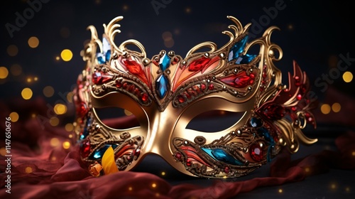 A vibrant carnival mask featuring intricate designs and dazzling decorations stands out against a softly blurred background photo