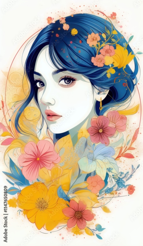 beautiful artwork illustration of woman with blue hair and flowers in her hair beautiful artwork illustration of woman with blue hair and flowers in her hair