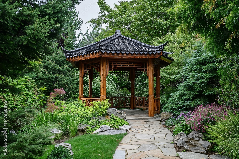 A traditional Chinese garden pavilion, featuring exquisite woodwork and a decorative roof, is surrounded by artfully arranged stone pathways and ornamental plants. A traditional Chinese garden pavilion, featuring exquisite woodwork and a decorative roof, is surrounded by artfully arranged stone pathways and ornamental plants.