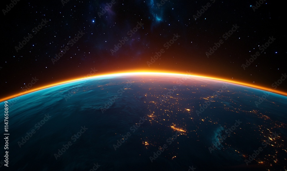 Sunrise over Earth from space, showing city lights and atmospheric glow. Sunrise over Earth from space, showing city lights and atmospheric glow.