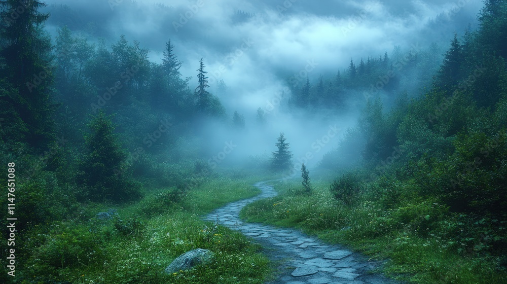 Misty forest path, stone walkway, serene nature.