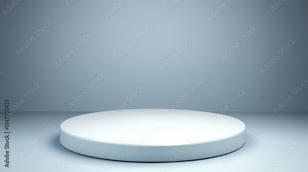 A single white circular platform stands in a gray room A single white circular platform stands in a gray room