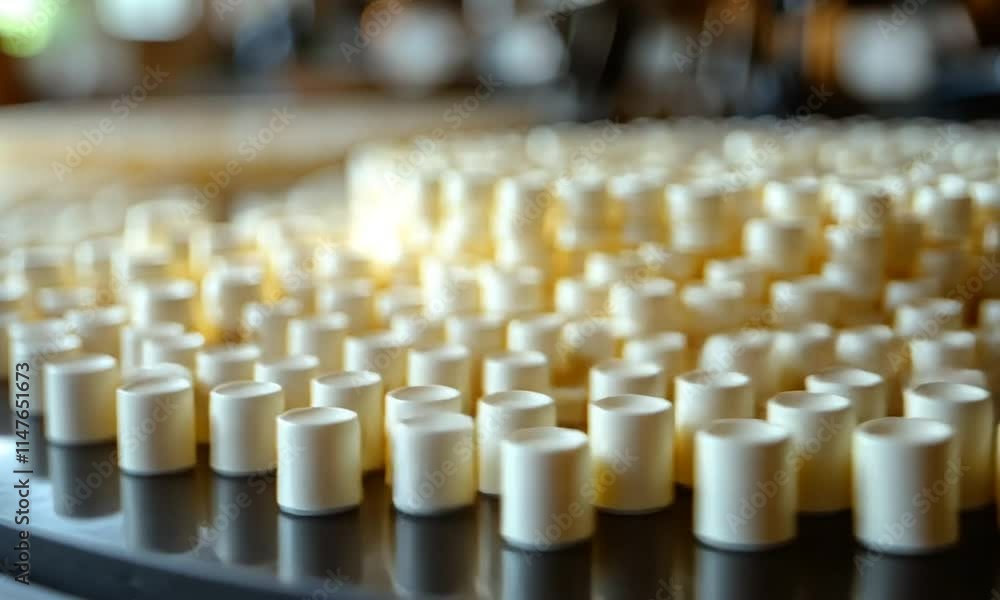 Close-up of neatly arranged white candies on a production line. Close-up of neatly arranged white candies on a production line.