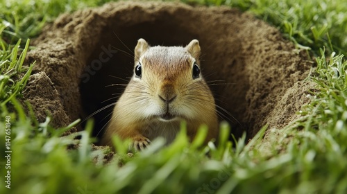 Closeup of a little gopher as it enters its burrow, capturing the intricate details and textures of the gophers surroundings with ample copy space for your design needs. photo