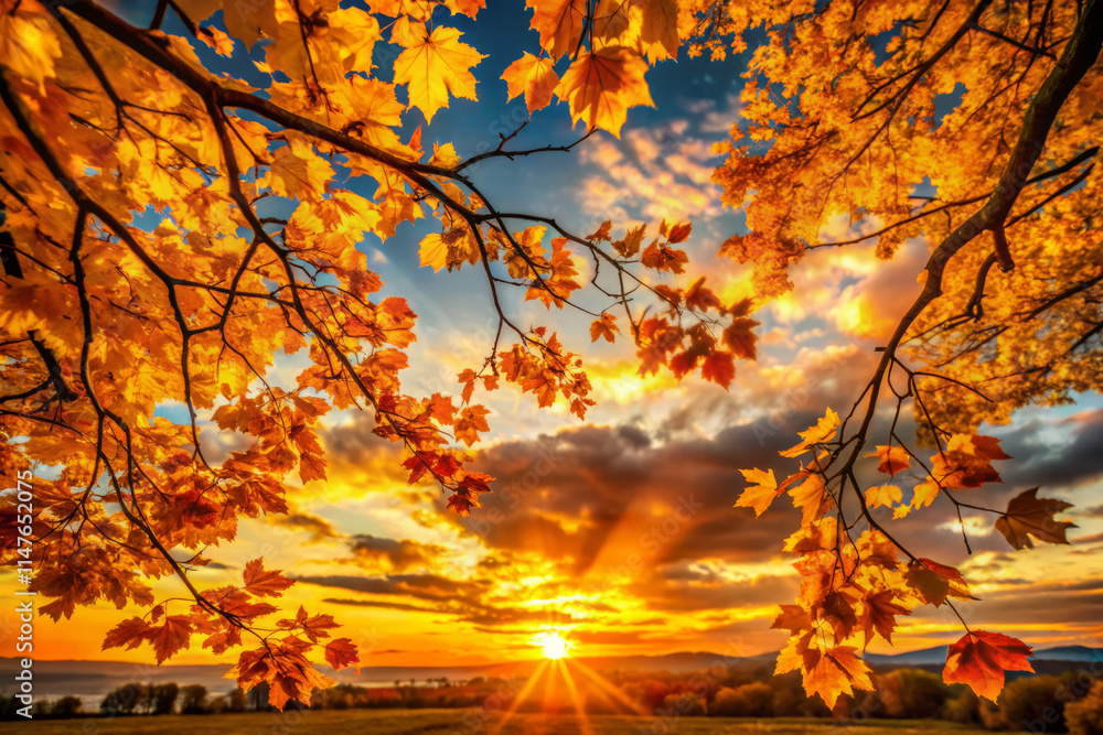 Golden autumn leaves frame stunning sunset, casting warm hues across sky. serene landscape captures essence of fall, inviting tranquility and reflection Golden autumn leaves frame stunning sunset, casting warm hues across sky. serene landscape captures essence of fall, inviting tranquility and reflection