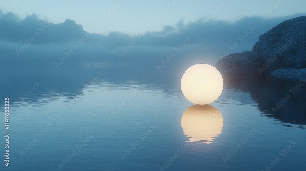 A serene scene featuring a glowing orb on calm water, surrounded by misty clouds. A serene scene featuring a glowing orb on calm water, surrounded by misty clouds.