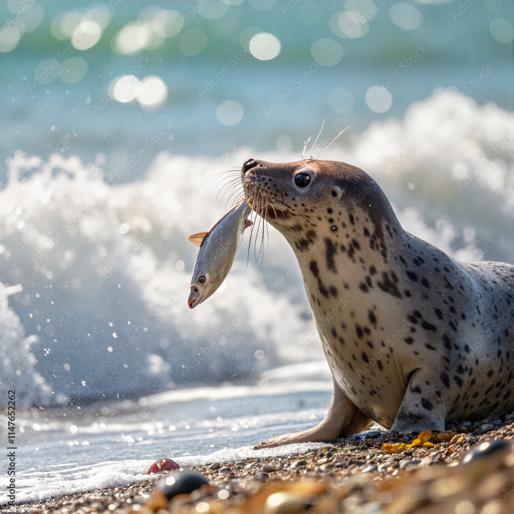 Obraz premium Seal holding fish on a rocky ocean shore