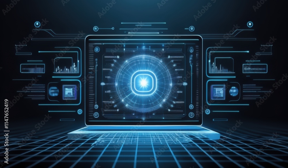 a close up of a laptop with a futuristic design on the screen a close up of a laptop with a futuristic design on the screen