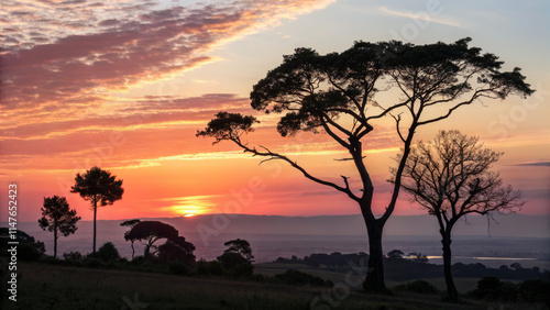 stunning sunset silhouette over scenic landscape, featuring tall trees against vibrant sky. warm colors create tranquil atmosphere, perfect for nature lovers