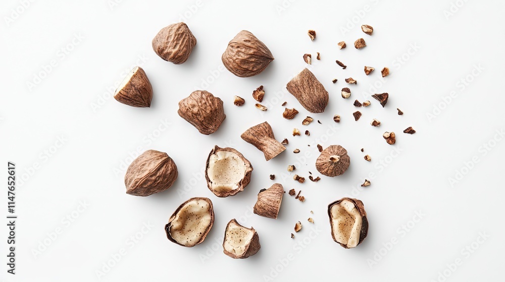 Top-down view of shelled walnut and nutmeg pieces arranged on a white background, ideal for culinary applications and food styling with ample copy space. Top-down view of shelled walnut and nutmeg pieces arranged on a white background, ideal for culinary applications and food styling with ample copy space.