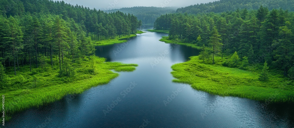 Aerial view of a tranquil river flowing through a lush green forest. Aerial view of a tranquil river flowing through a lush green forest.