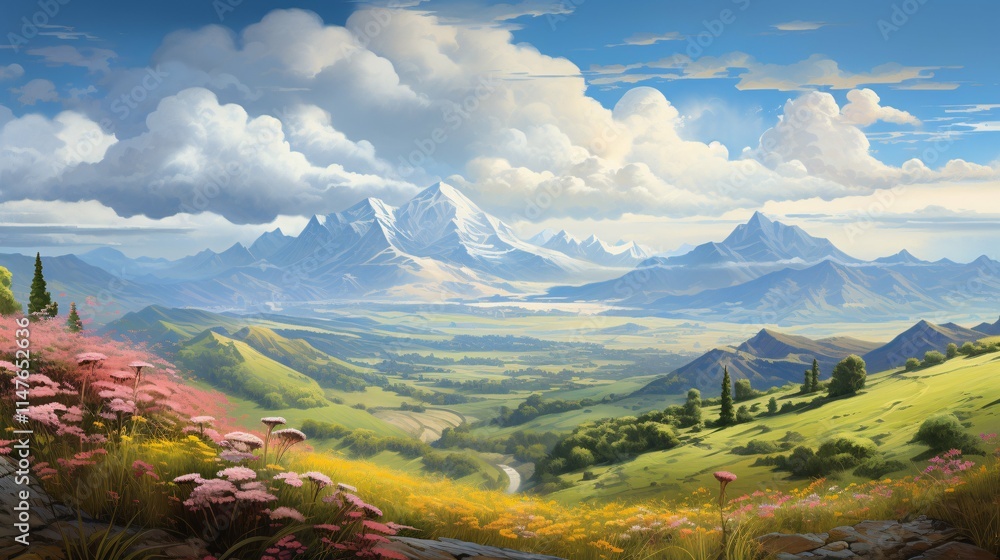 An enchanting landscape features rolling hills under a vibrant sky, with distant majestic mountains shrouded in a gentle haze. An enchanting landscape features rolling hills under a vibrant sky, with distant majestic mountains shrouded in a gentle haze.