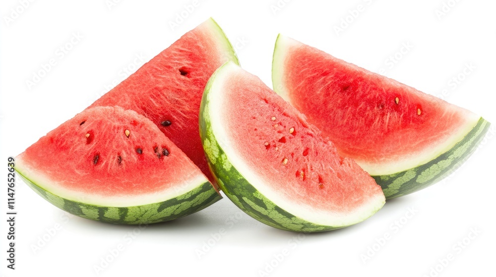 Ripe watermelon on a white background, capturing the vibrant colors and textures of the watermelon for an appealing visual. The photo offers ample copy space for added text. Ripe watermelon on a white background, capturing the vibrant colors and textures of the watermelon for an appealing visual. The photo offers ample copy space for added text.