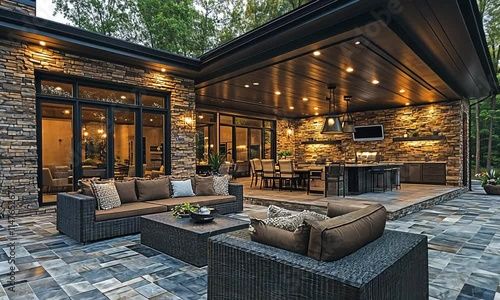 Modern outdoor living space with seating and dining area.