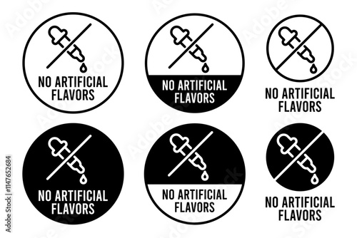 No artificial Flavors, color, preservatives, sweeteners icons set, label, logo, badge, sticker, emblem, stamp, symbol, circle, black, flat vector, isolated illustration.