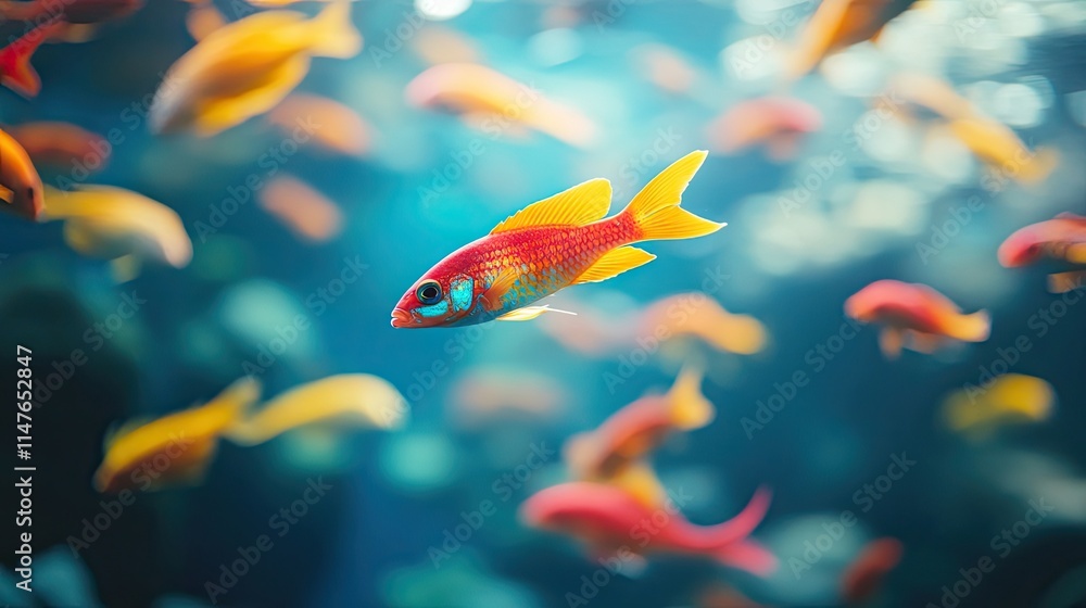 Iridescent red and yellow fish swim gracefully in the water, creating a vibrant scene filled with color. The fishs bright hues enhance the beauty of the underwater world. Photo style with copy space.