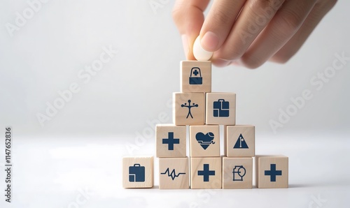 From Ideas to Icons: How Medical Symbols on Wooden Blocks Represent the Conceptualization of Insurance Schemes, アイデアからアイコンへ: 木製ブロックの医療シンボルが保険計画の概念化を表す方法,Generative AI photo