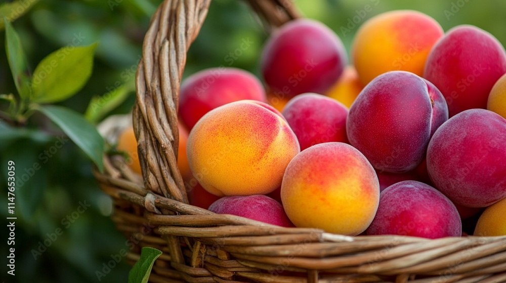 A basket overflowing with juicy, colorful summer fruits--peaches, plums, nectarines--arranged in a garden setting. A basket overflowing with juicy, colorful summer fruits--peaches, plums, nectarines--arranged in a garden setting.