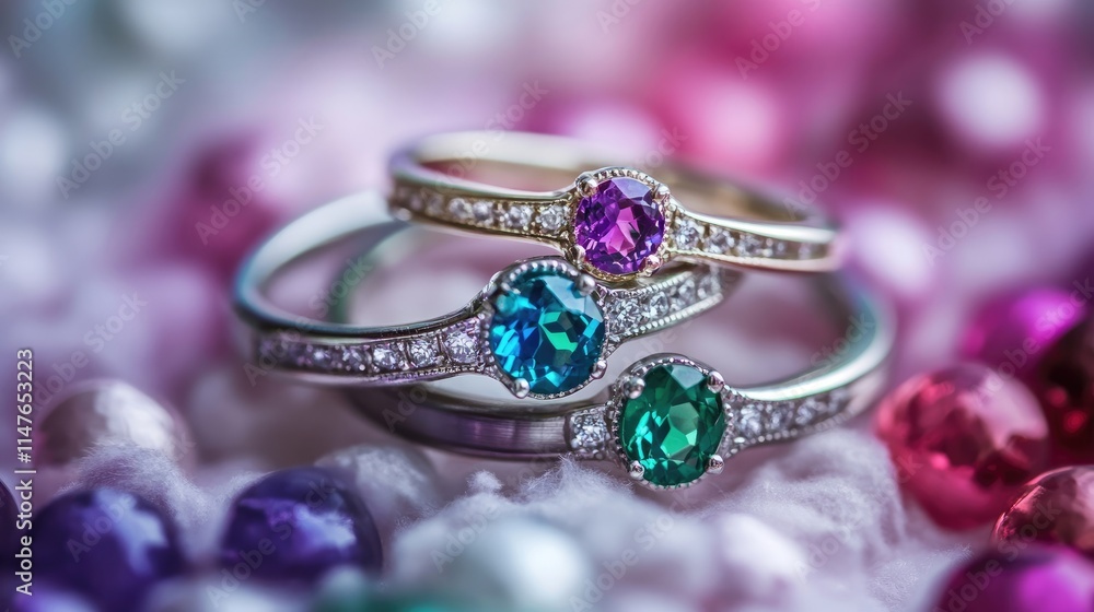 Elegant wedding rings in silver, gold, blue, rose, purple, and pink showcase stunning emerald stones at the center. Ideal for capturing love and commitment with ample copy space. Elegant wedding rings in silver, gold, blue, rose, purple, and pink showcase stunning emerald stones at the center. Ideal for capturing love and commitment with ample copy space.