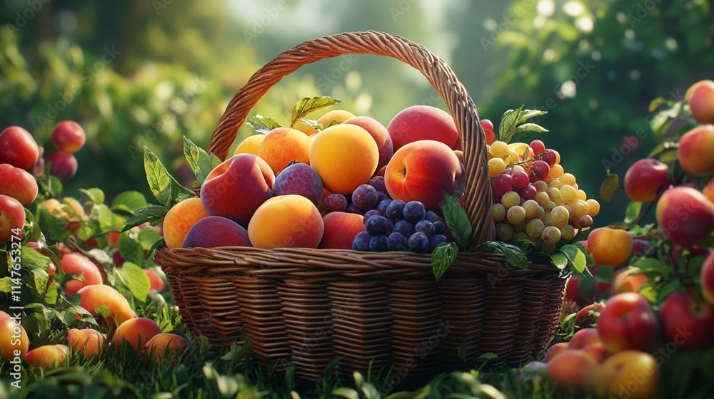 A basket overflowing with juicy, colorful summer fruits--peaches, plums, nectarines--arranged in a garden setting. A basket overflowing with juicy, colorful summer fruits--peaches, plums, nectarines--arranged in a garden setting.