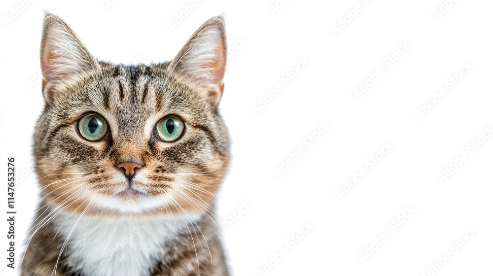Fototapeta premium Portrait of an intrigued cat on a clean white background, capturing the cats curiosity and expression, perfect for various design projects with ample copy space.