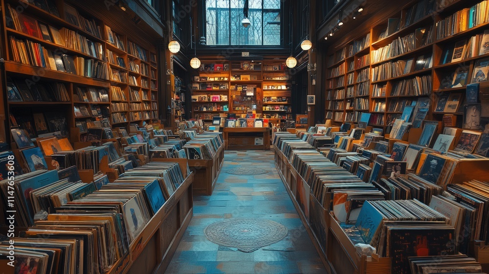Fototapeta premium Rows of vintage records line shelves in a bookstore.