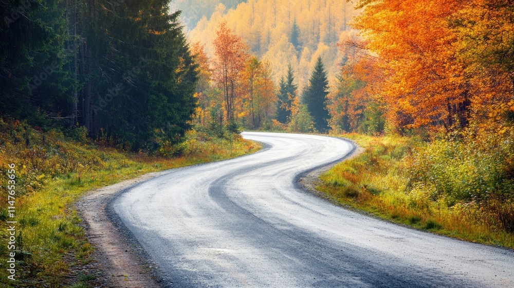 Fototapeta premium Beautiful nature landscape with a winding road through an evergreen wilderness in the autumn season, creating a serene atmosphere perfect for capturing the essence of nature. Copy space included.