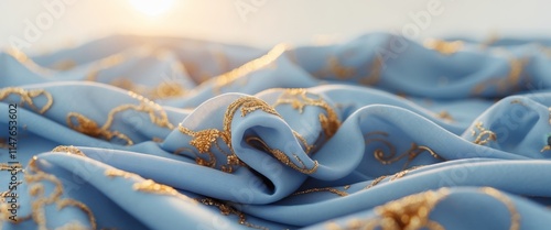 Elegant blue fabric with golden accents illuminated by warm sunlight at dusk photo