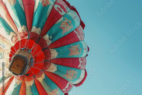 A colorful hot air balloon soars against a clear blue sky, displaying intricate patterns and majestic height from a unique low-angle perspective. photo