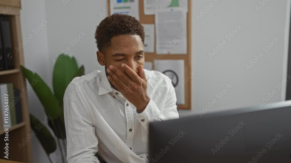 Young man working in office, looking at computer screen in modern workplace with documents and books around.