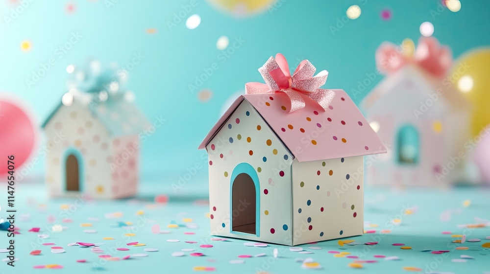 Quirky house-shaped gift boxes filled with confetti create a festive atmosphere. These playful gift boxes add charm and excitement to any celebration, perfect with photo style copy space. Quirky house-shaped gift boxes filled with confetti create a festive atmosphere. These playful gift boxes add charm and excitement to any celebration, perfect with photo style copy space.