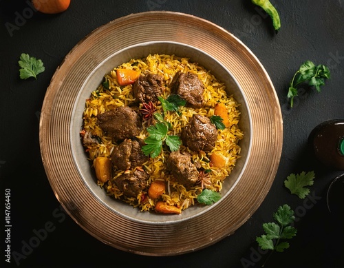 Beef Tehari – A spiced rice and beef dish popular during festivals. top view photo